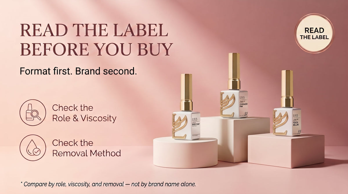 Wide banner background with empty pedestal staging and elegant serif headline reading ‘Read the Label Before You Buy’, for a builder gel brand comparison guide