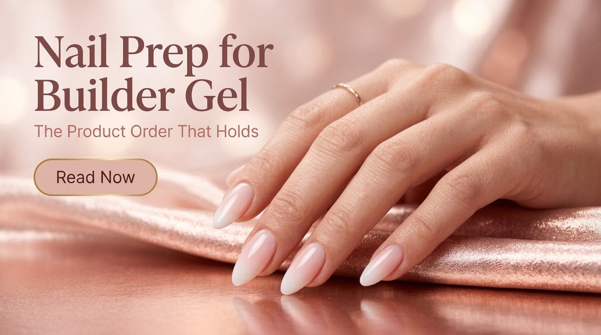 White to milk pink ombré builder gel manicure on medium almond nails — rose gold luxury nail prep guide banner