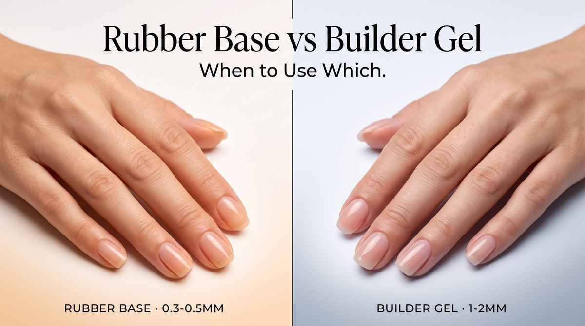 Split comparison banner of a hand with thin rubber base versus a hand with structured builder gel, showing thickness and apex differences