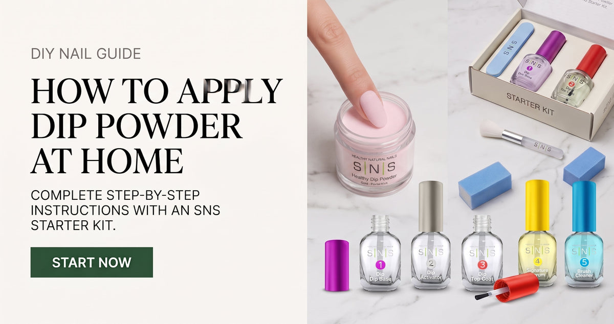an open SNS Starter Kit box and a complete set of labeled SNS dip powder liquid application bottles
