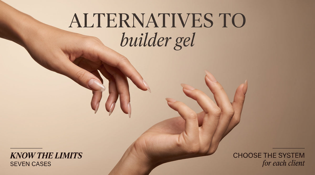 Alternatives to Builder Gel banner showing builder gel extension next to an alternative soft gel system on two elegant hands with elegant serif typography