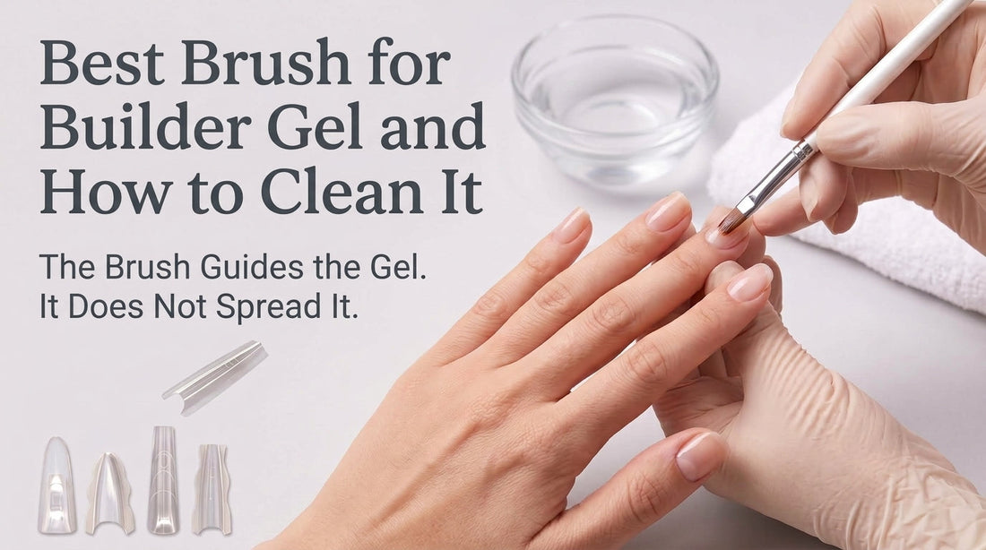 Technician's hand guiding a gel brush across builder gel on a nail, with a row of different-sized brushes nearby, banner for Best Brush for Builder Gel and How to Clean It