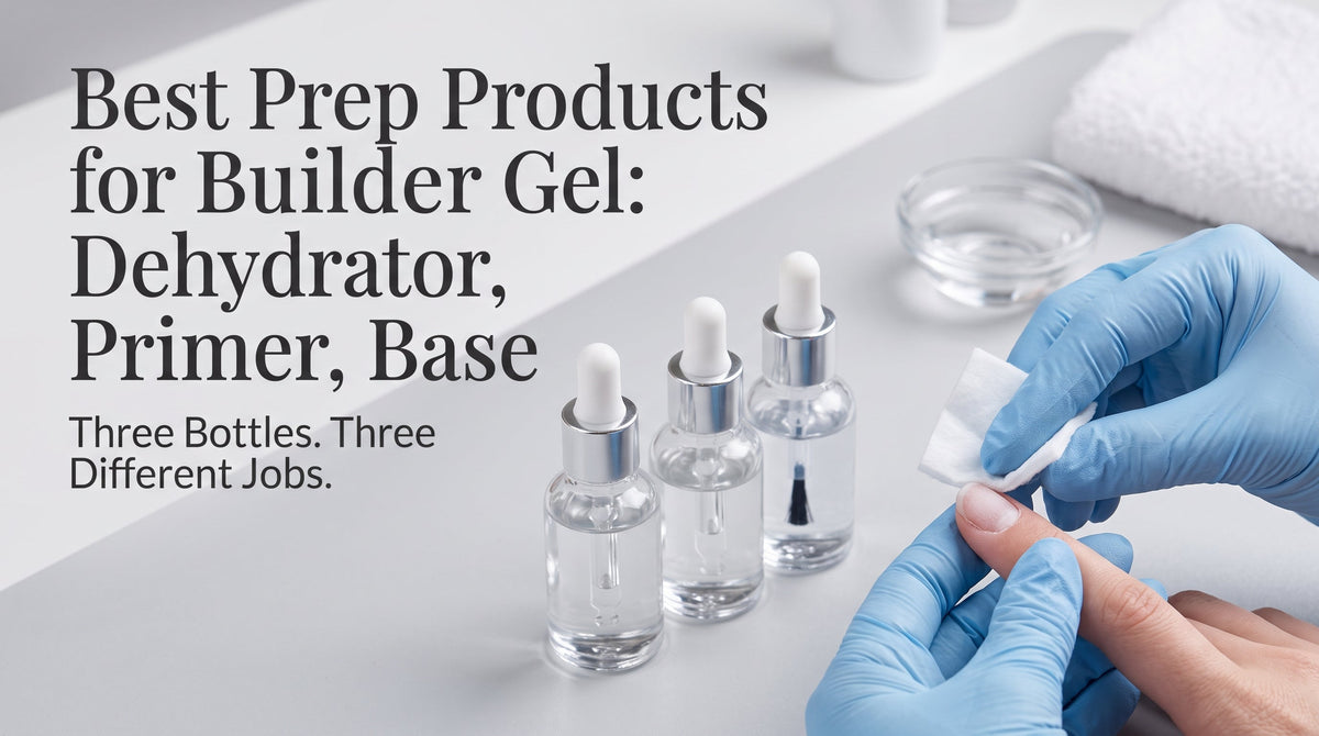Nail technician and client smiling and talking while prepping a nail with dehydrator, banner for Best Prep Products for Builder Gel: Dehydrator, Primer, Base