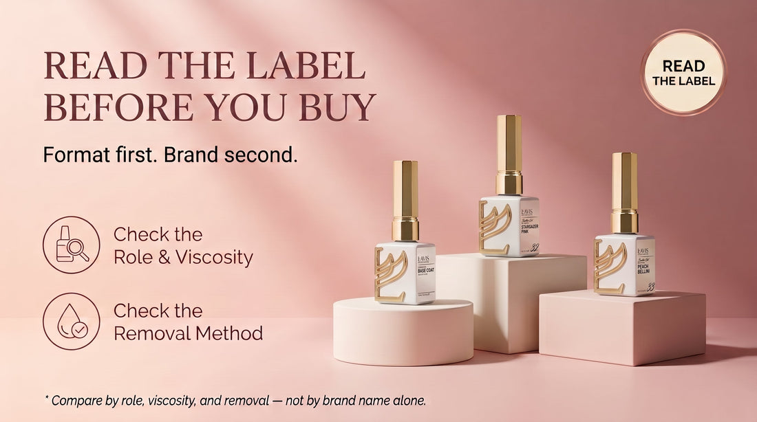 Wide banner background with empty pedestal staging and elegant serif headline reading ‘Read the Label Before You Buy’, for a builder gel brand comparison guide
