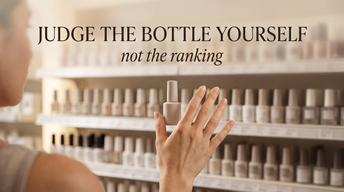 Banner showing a hand hovering undecided in front of a nail supply store shelf lined with many similar bottles, with the headline ‘Judge the Bottle Yourself, Not the Ranking