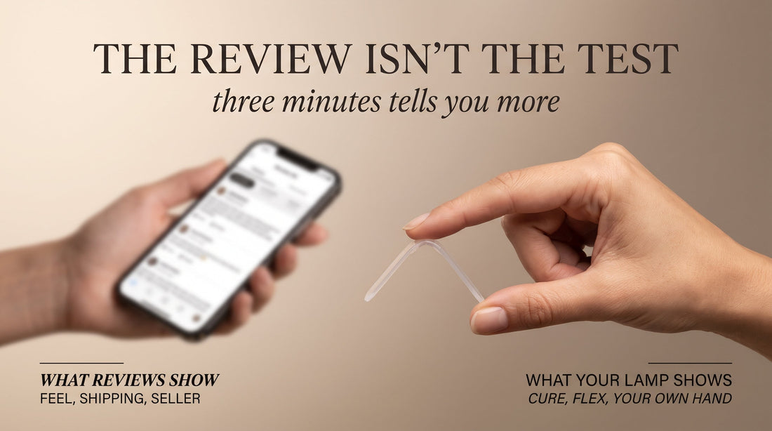 Banner showing a hand bending a cured builder gel test stick to 90 degrees in sharp focus, with a blurred phone showing reviews in the background, illustrating that your own test matters more than reading reviews