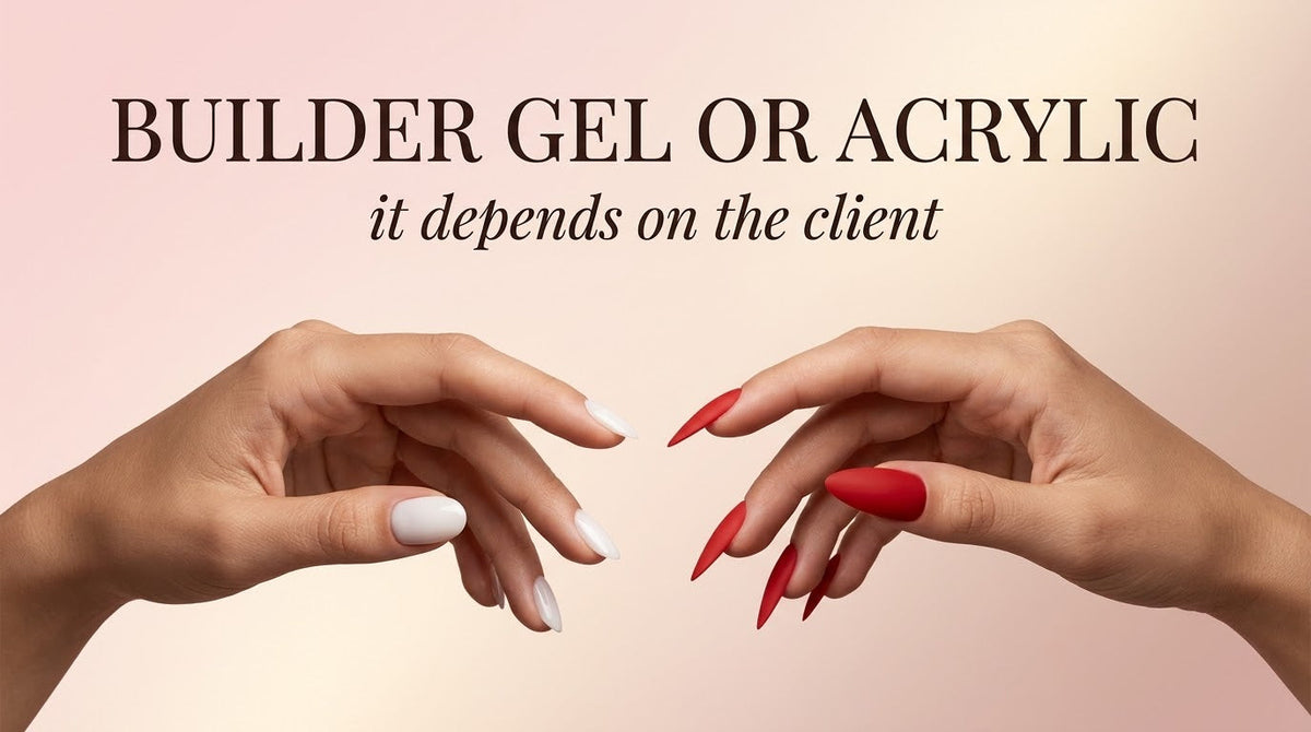 Wide banner comparing short builder gel extensions against long acrylic stiletto extensions on two elegant hands, illustrating that the right choice depends on the client’s needs