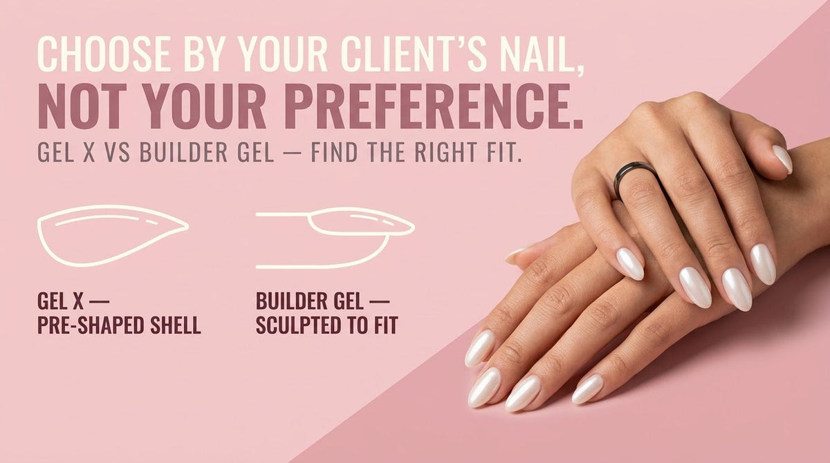Pink beauty campaign style banner comparing Gel X pre-shaped tips and sculpted builder gel with elegant hands and diagram