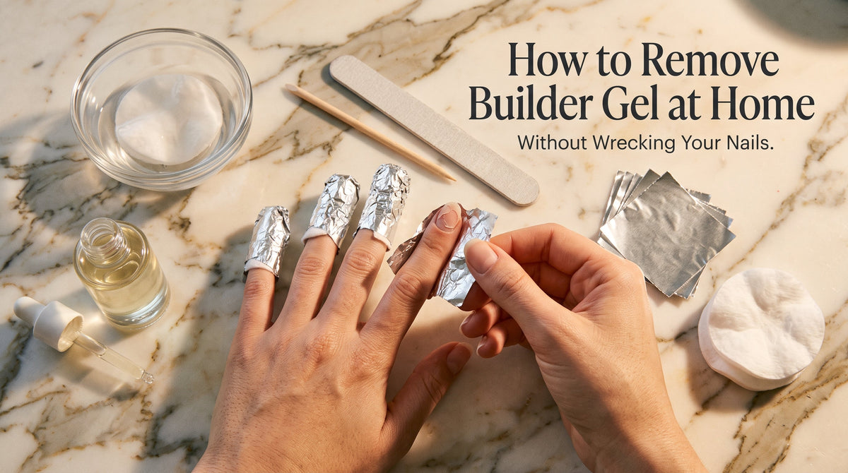 Close-up of hands removing builder gel at home with foil wraps, cotton, and nail care tools laid out on a marble vanity