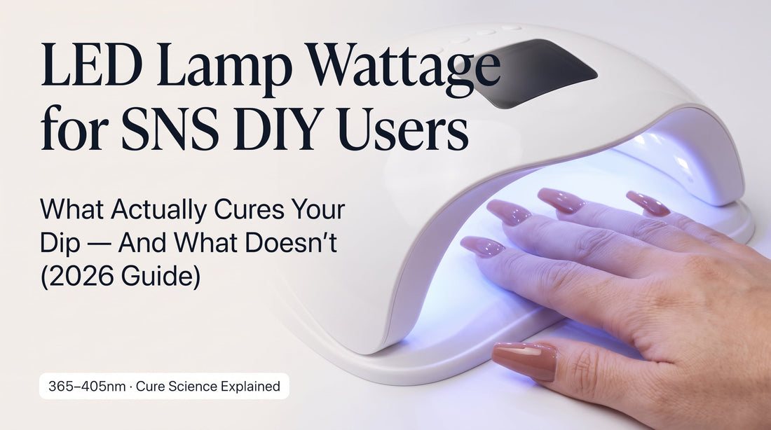 Hand curing SNS dip nails under a cordless LED nail lamp, illustrating the LED lamp wattage guide for SNS DIY users