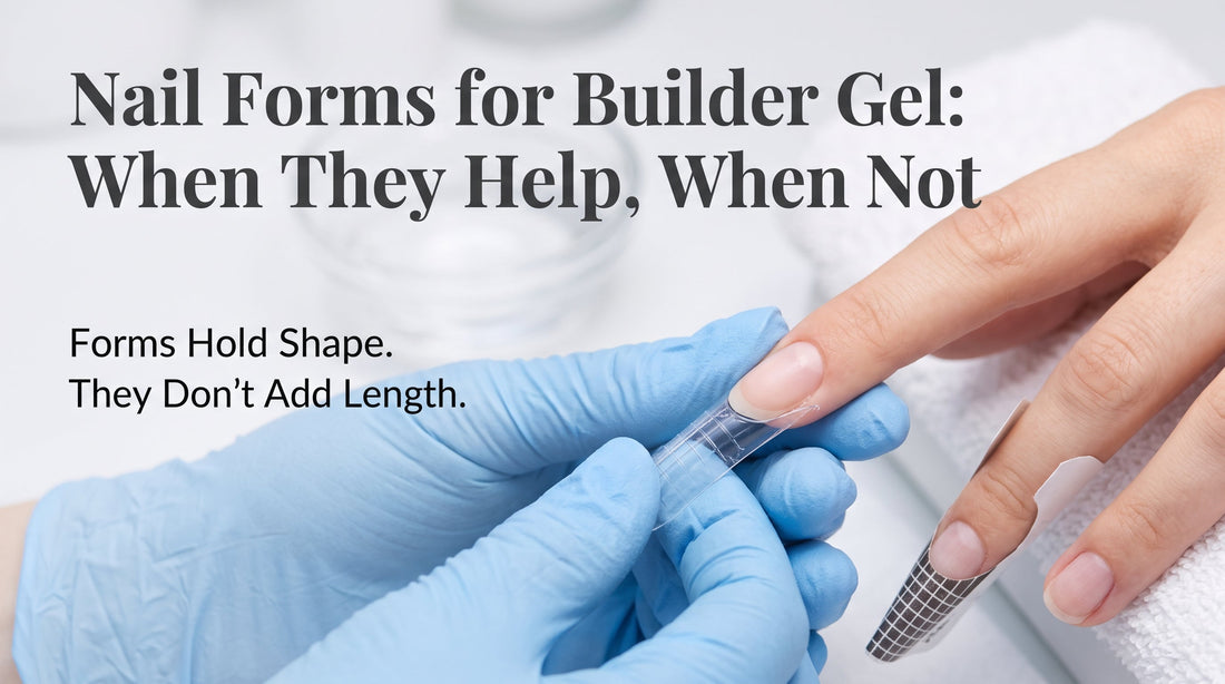 Technician sliding a dual form under a nail with builder gel while checking for a gap underneath, banner for Nail Forms for Builder Gel: When They Help, When Not