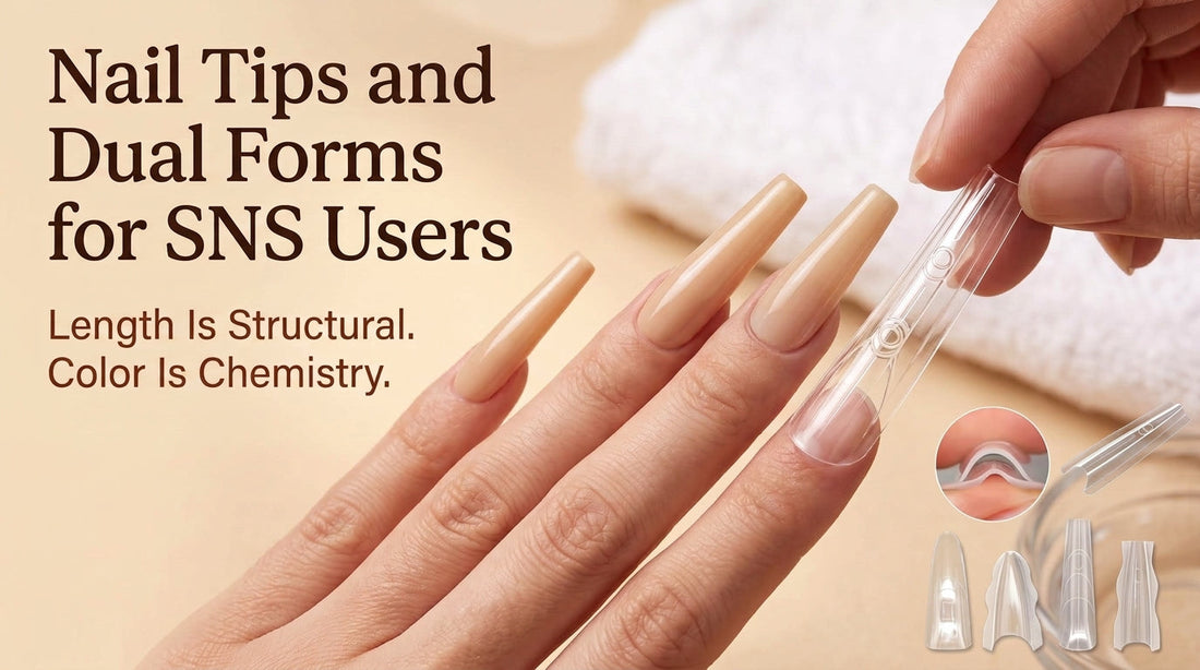 Hand showing a finished SNS dip powder nail extension over a nail tip, with a dual form in progress beside it, banner for Nail Tips and Dual Forms for SNS Users guide