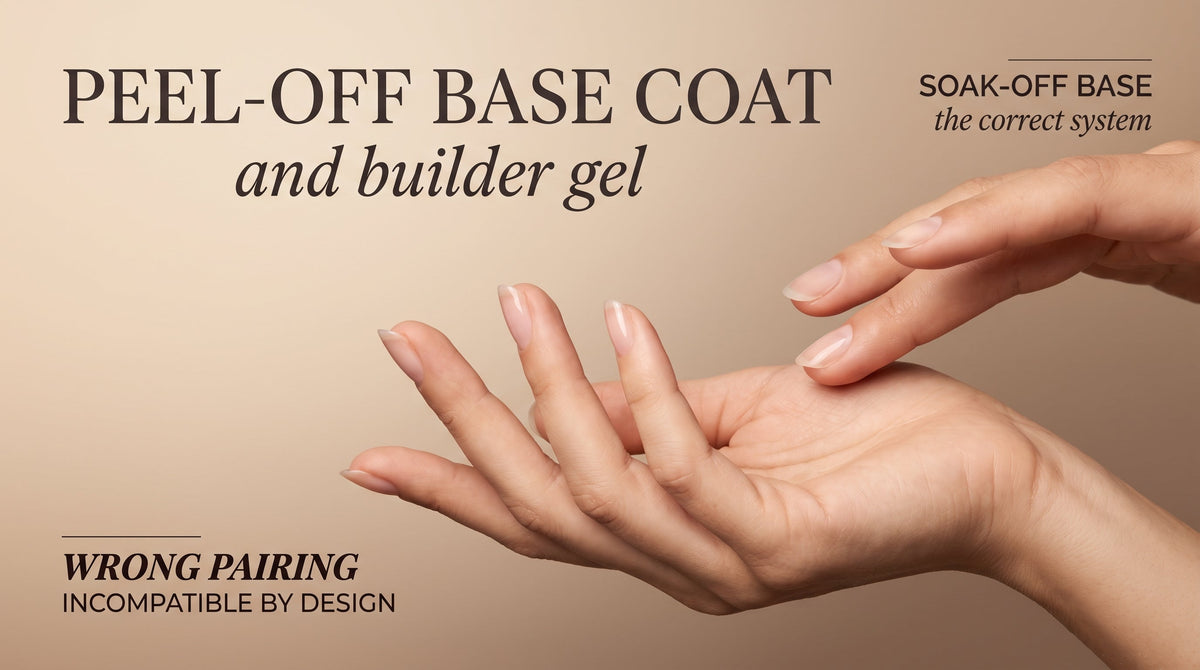 Banner showing a hand resting two fingers with a loosely bonded peel-off base coat finish over a hand with correctly bonded soak-off builder gel, illustrating why peel-off base is incompatible with builder gel