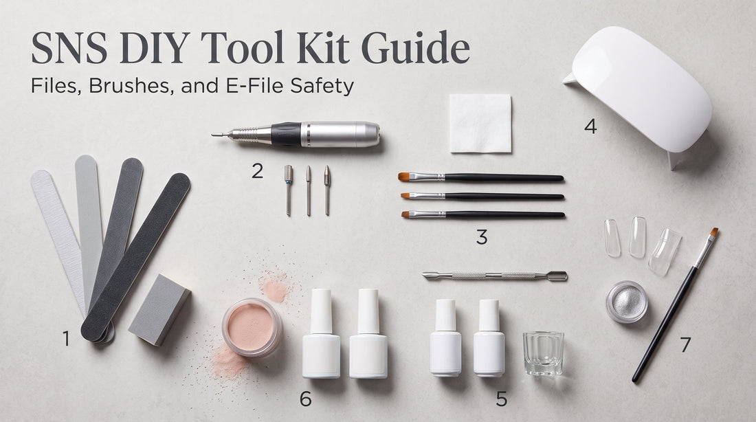Flat lay of a complete SNS DIY nail tool kit including files, e-file with bits, brushes, lamp, cuticle pusher, dip powder, and extension tools