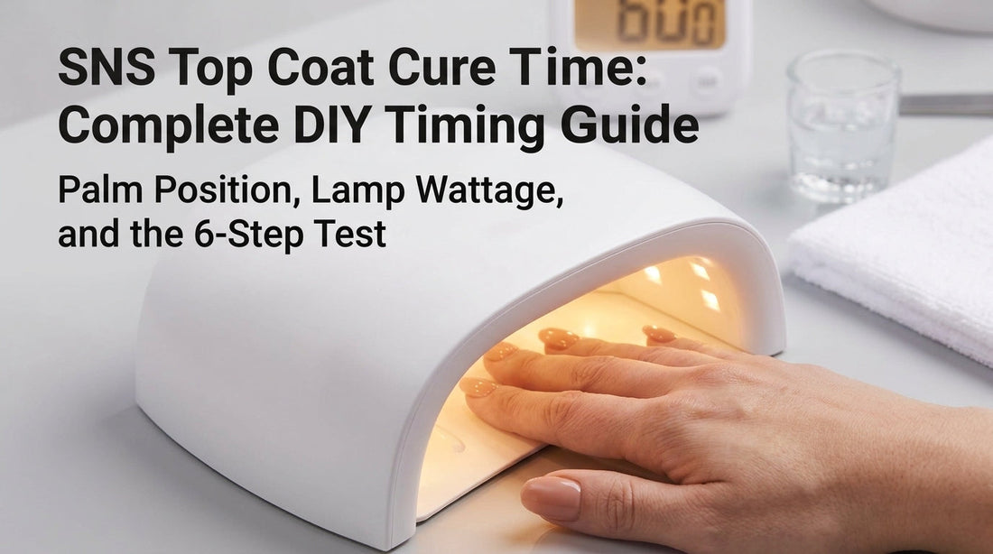 Hand with freshly cured glossy SNS top coat positioned palm-down in an LED lamp, banner for SNS Top Coat Cure Time: Complete DIY Timing Guide