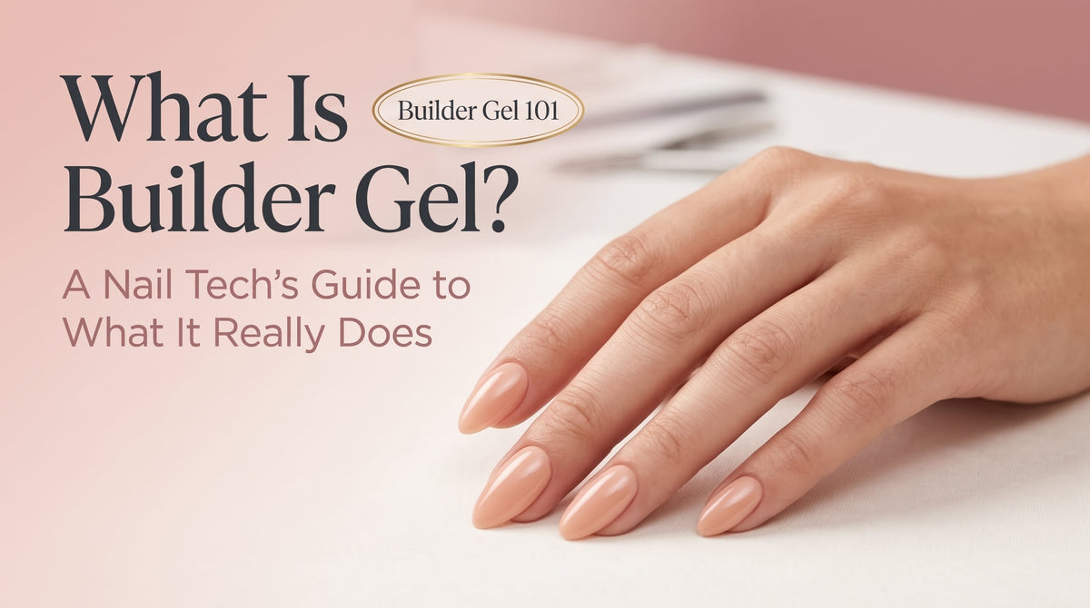 Peach milk builder gel manicure on medium almond nails — glossy, fully opaque finish, example of what builder gel is used for