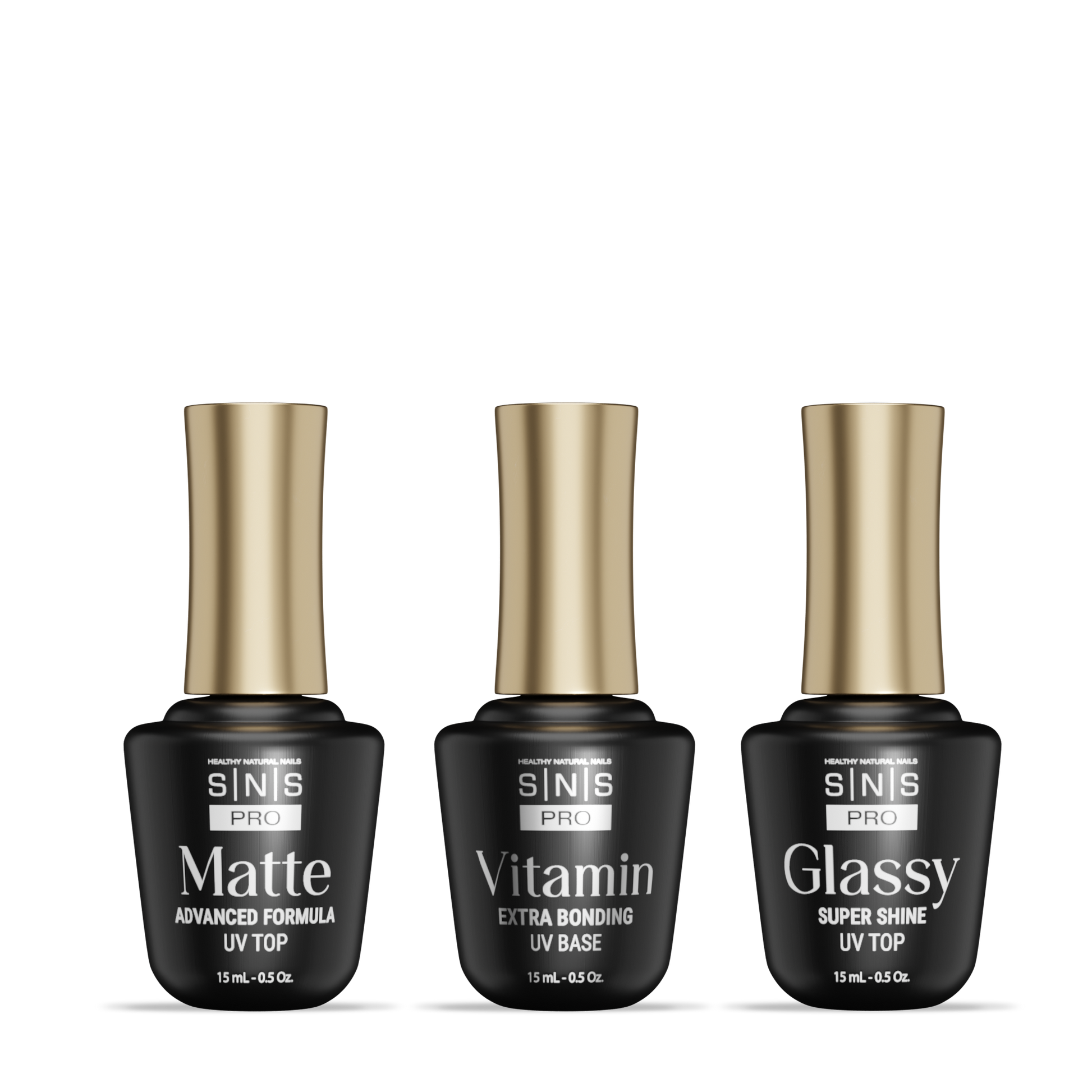 SNS Matte UV Gel Top Coat, Glassy Super Shine UV Gel Top Coat, Vitamin Extra Bonding UV Gel Base Coat 15ml