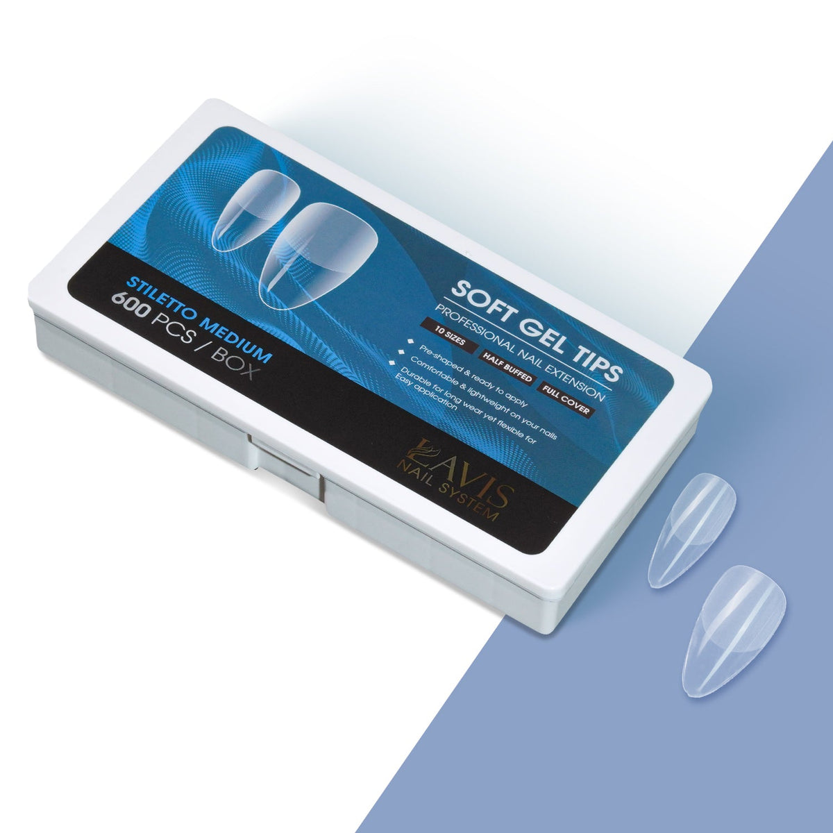 LAVIS Stiletto Medium - 10 Sizes Half  Buffed - Soft Gel Tips
