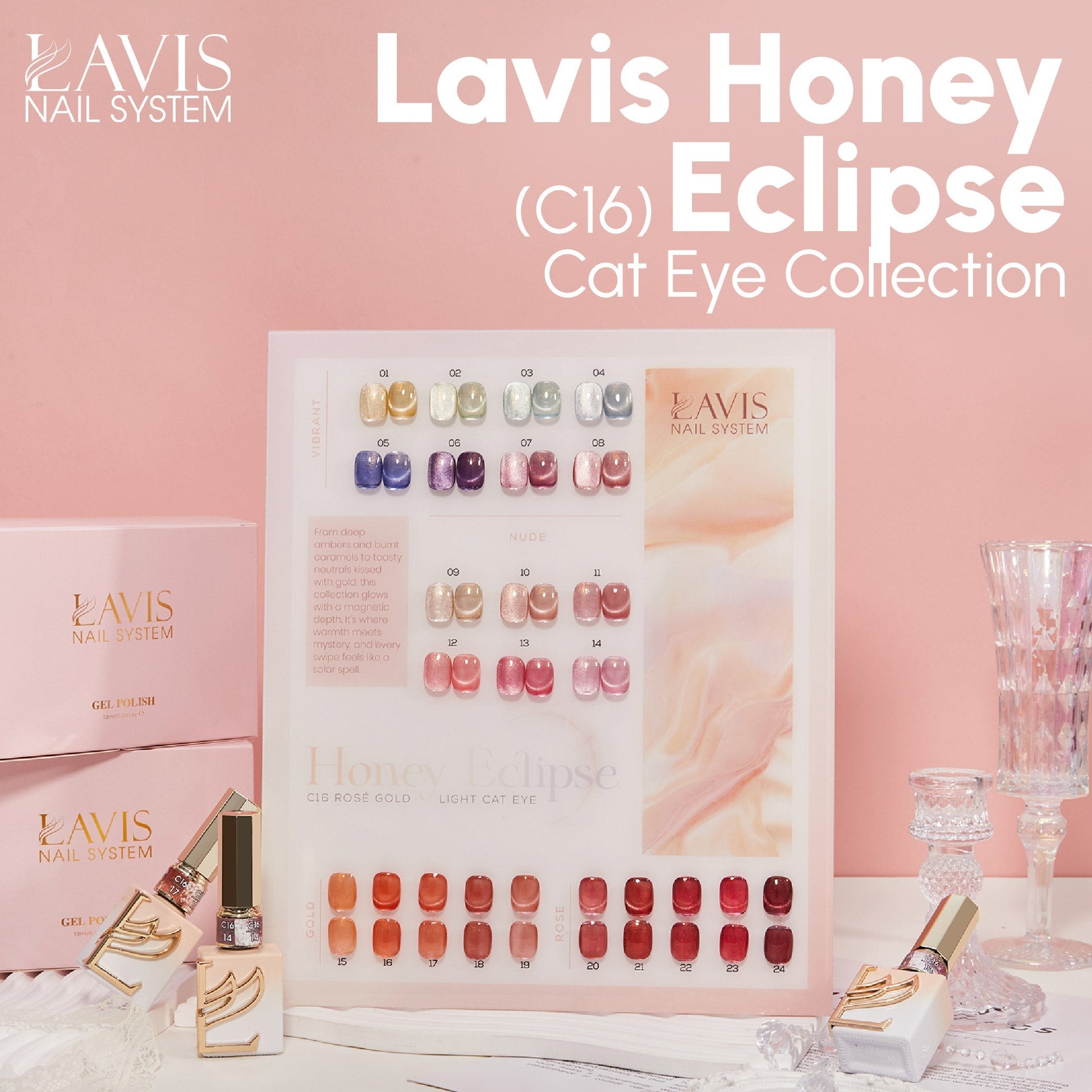 LAVIS Cat Eyes C16 - Set 24 Colors - Gel Polish 0.5 oz - Honey Eclipse Collection