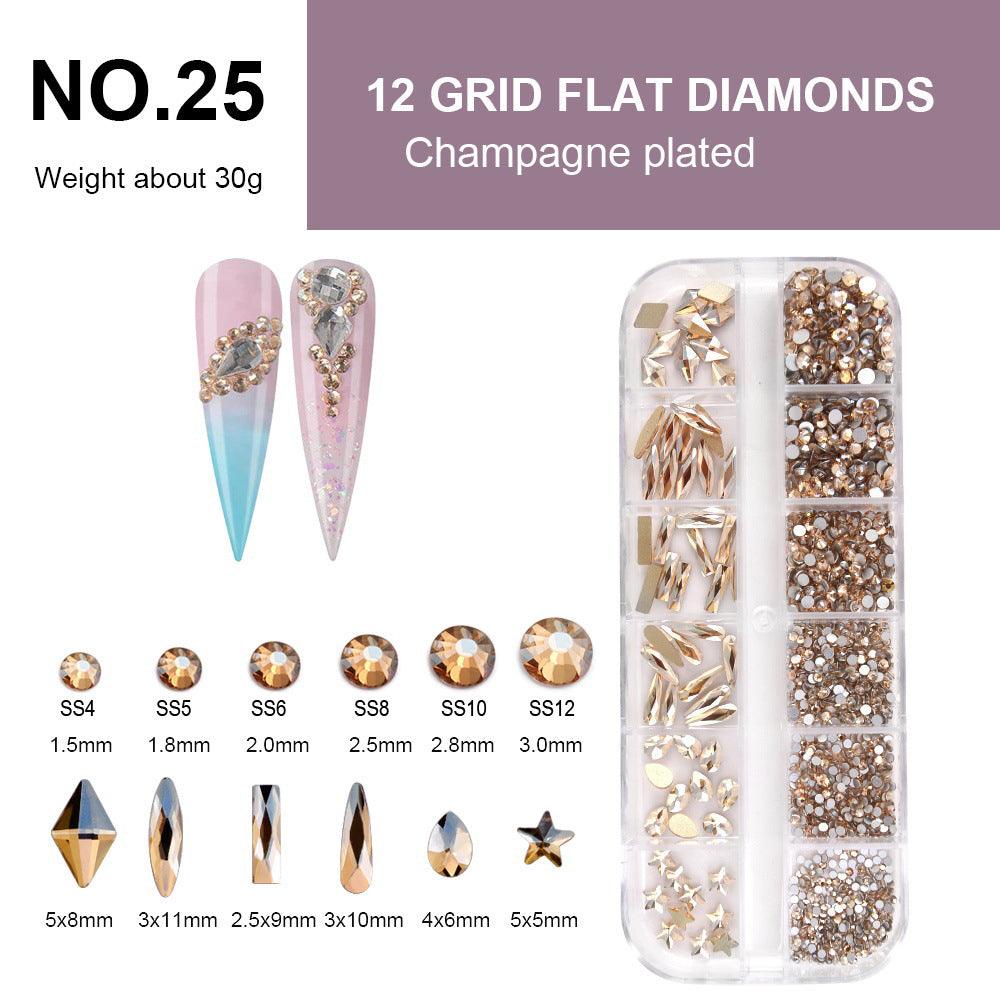  12 Grids Flat Diamonds Rhinestones #25 Champagne Plated by Rhinestones sold by DTK Nail Supply