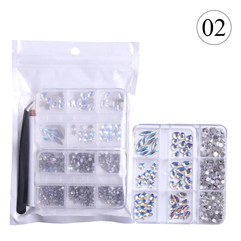 Crystal Rhinestones Gems for Nails Design Mix 6 Shapes Crystal Diamonds Stone Bling with Tweezers for Nail Art DIY Craft 02 - Crystal Parsh