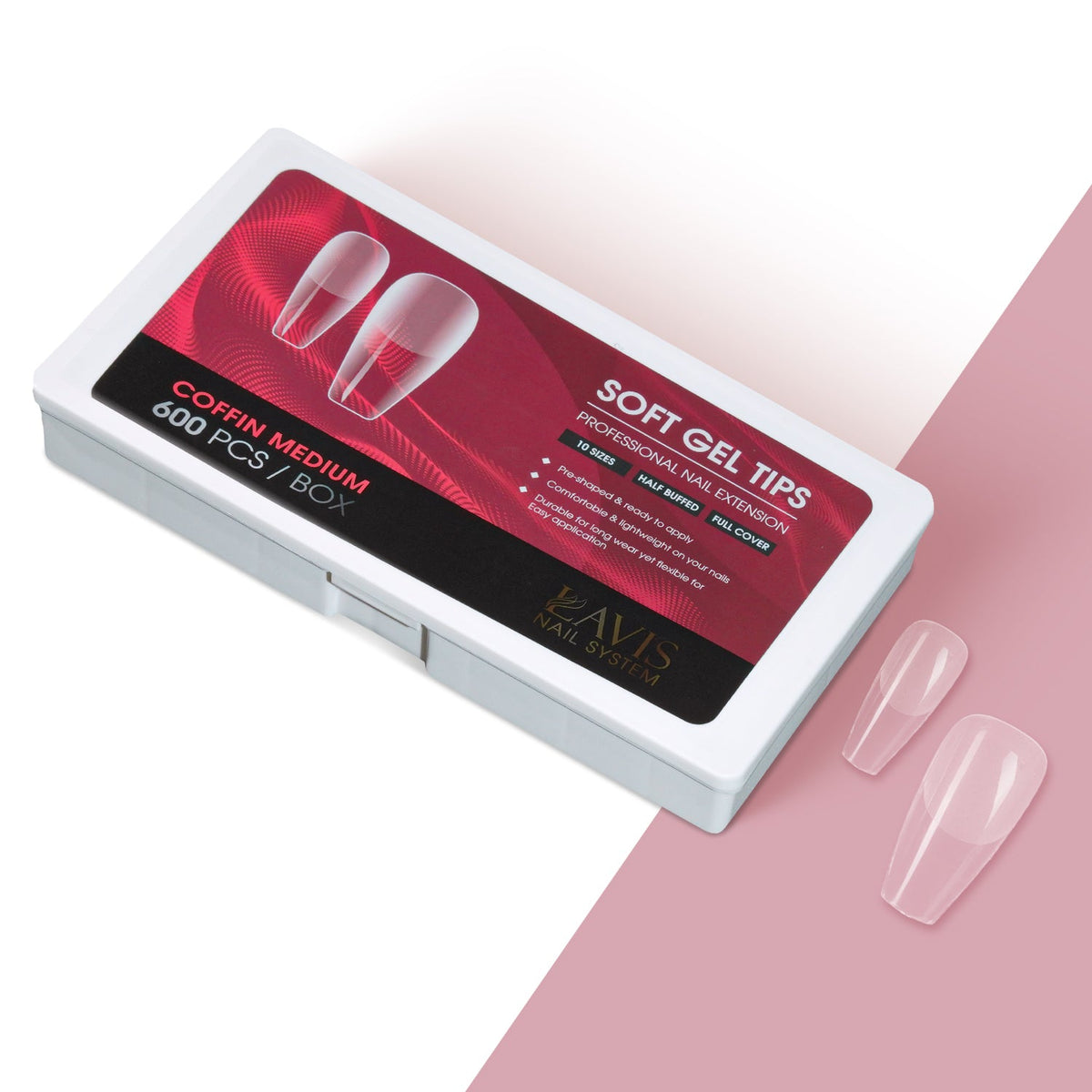 LAVIS Coffin Medium - 10 Sizes Half Buffed - Soft Gel Tips