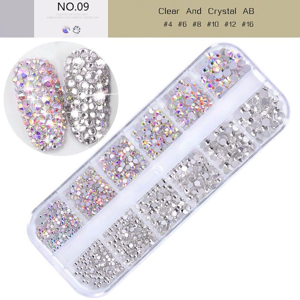 2 colors/12 Grid 1440pcs AB crystal flat back rhinestone diamond gem 3D glitter nail art decoration for Nails Accessories #09
