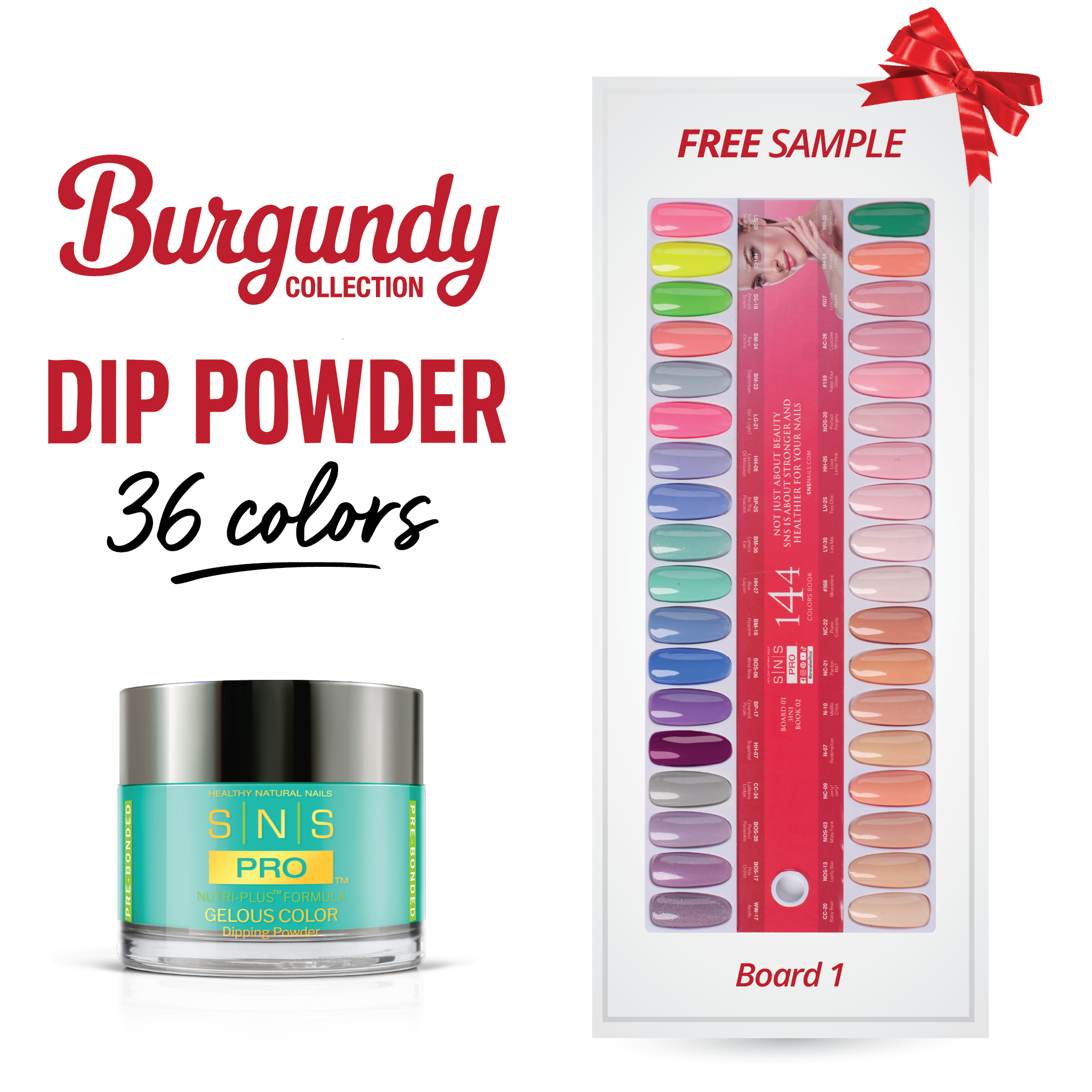 SNS Pro Dipping Powder - Set 36 Colors - Board 1 (001 - 036) - Burgundy Collection