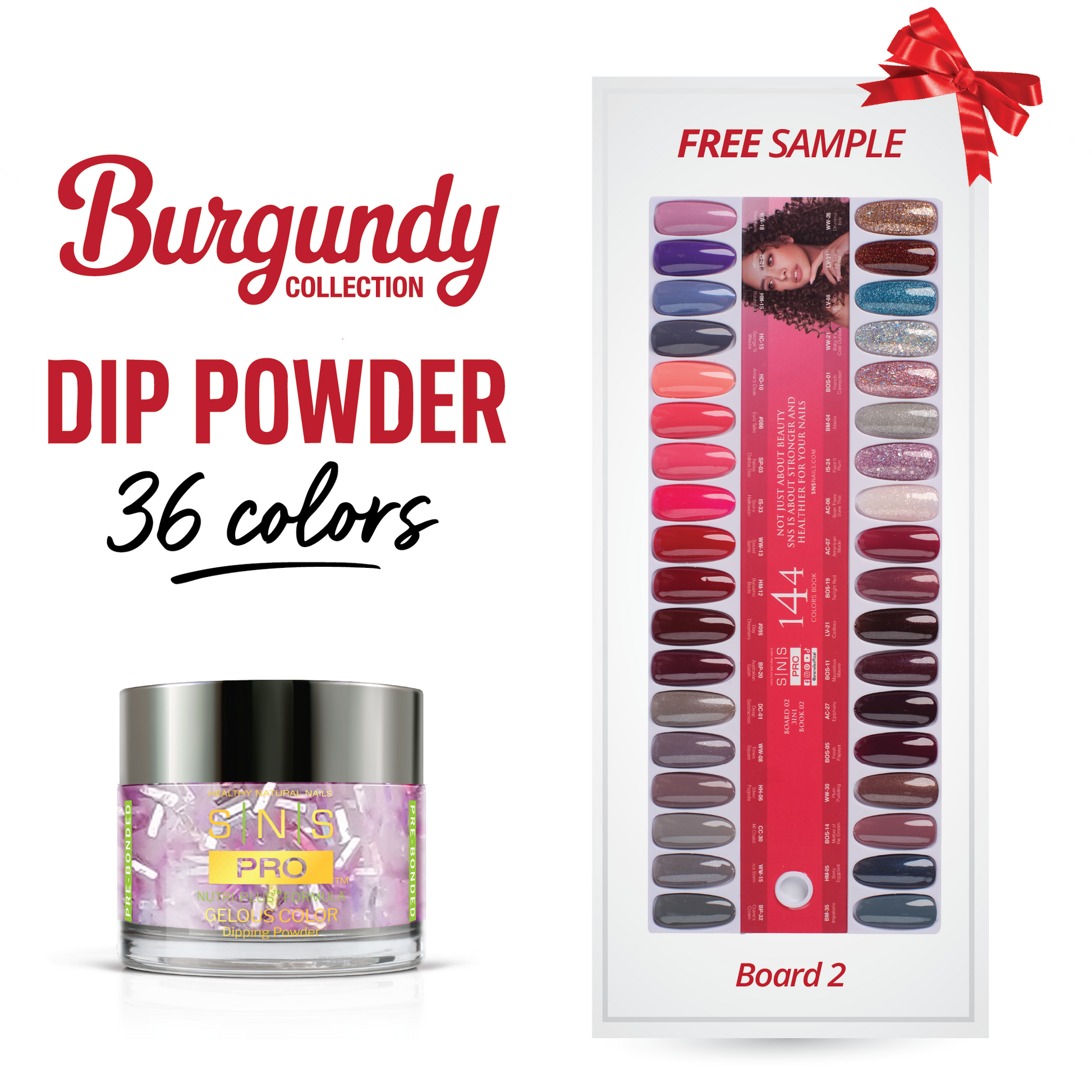 SNS Pro Dipping Powder - Set 36 Colors - Board 2 (037 - 072) - Burgundy Collection