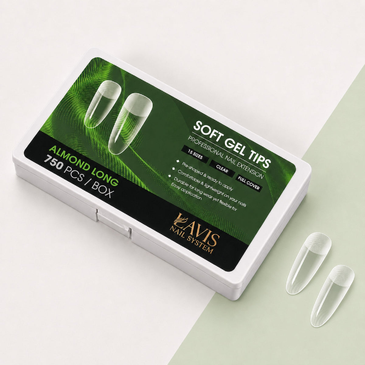 LAVIS Almond Long - 15 Sizes Clear - Soft Gel Tips