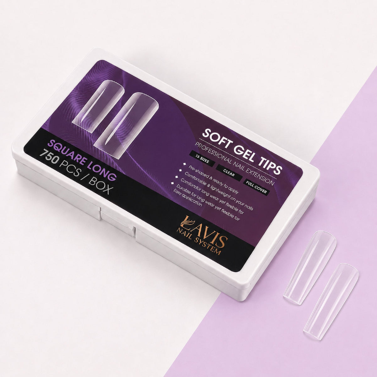 LAVIS Square Long - 15 Sizes Clear - Soft Gel Tips