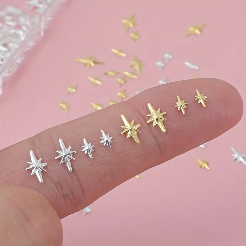 430Pcs Hypoallergenic Nail Art Studs, 3D Golden & Silver Cross Star Charms, Mini Metal Hexagram Copper Rivets