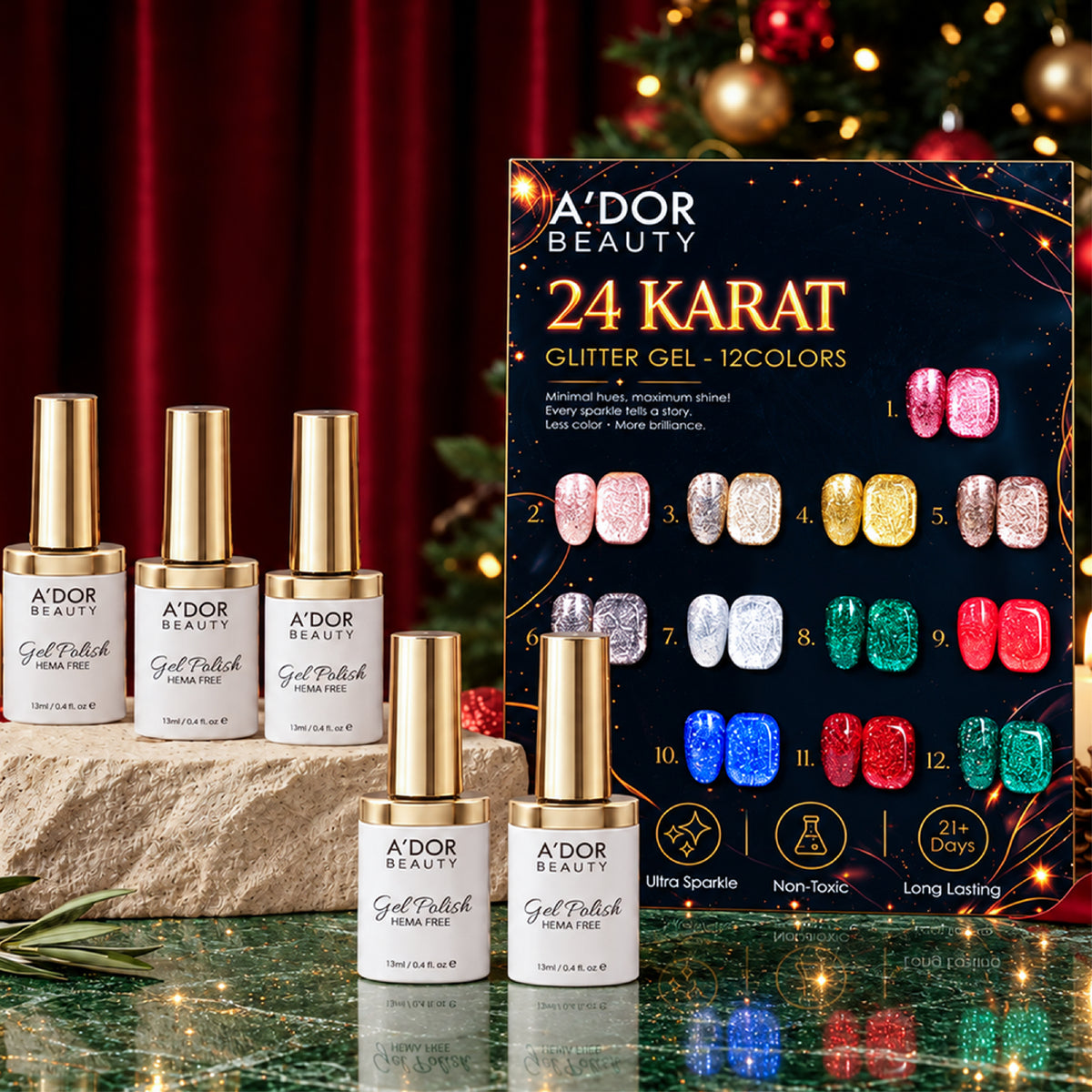 A'DOR 24 Karat Glitter Gel Set, 12 Colors