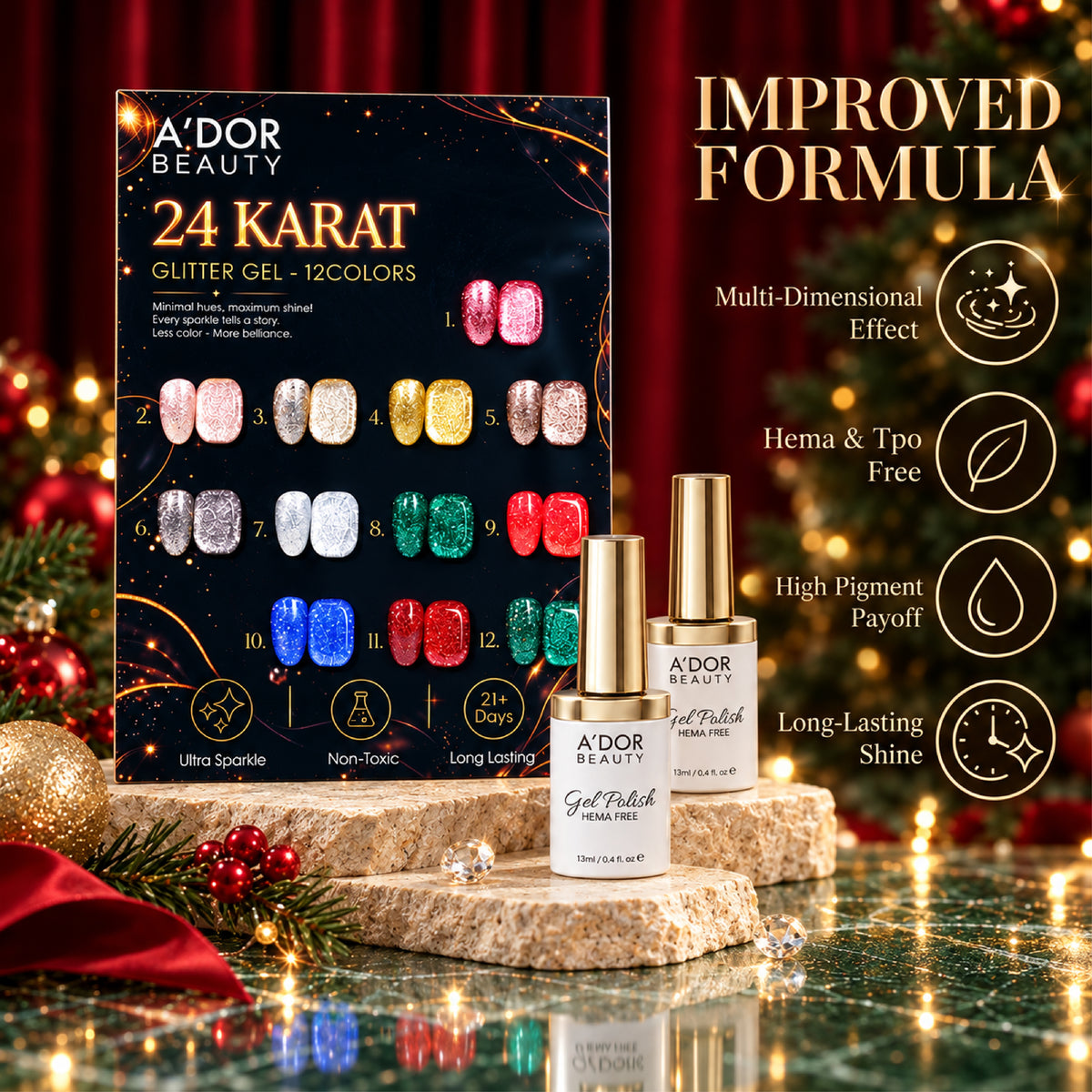 A'DOR 24 Karat Glitter Gel Set, 12 Colors