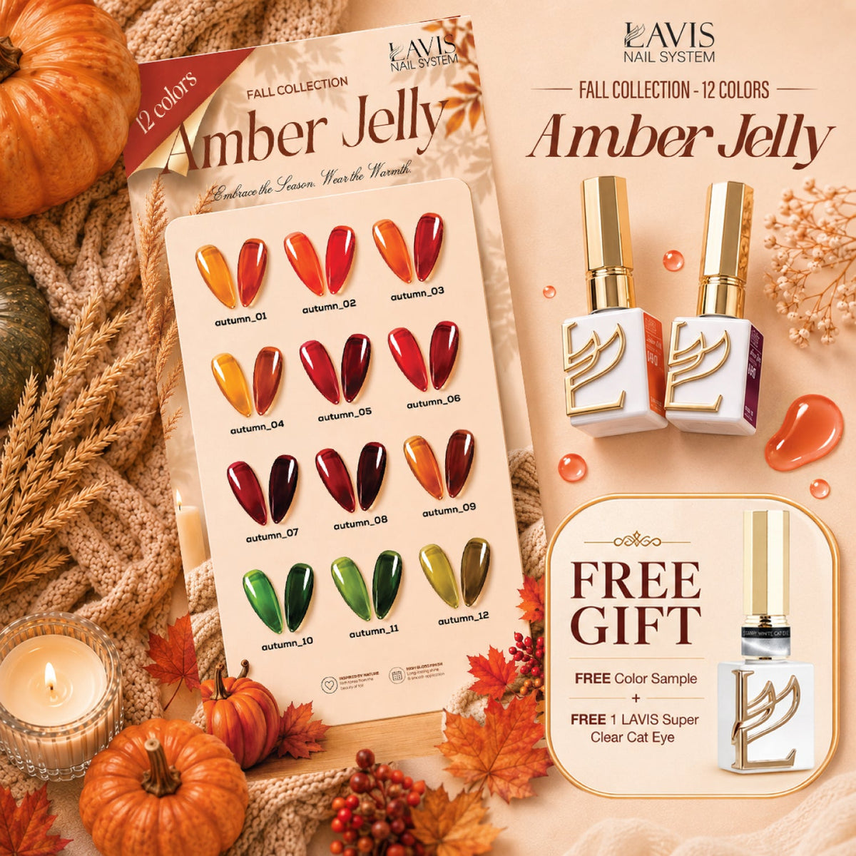 LAVIS Amber Jelly Gel Polish Set 12 Colors + FREE Sample Color Chart + FREE LAVIS Super Clear Cat Eye