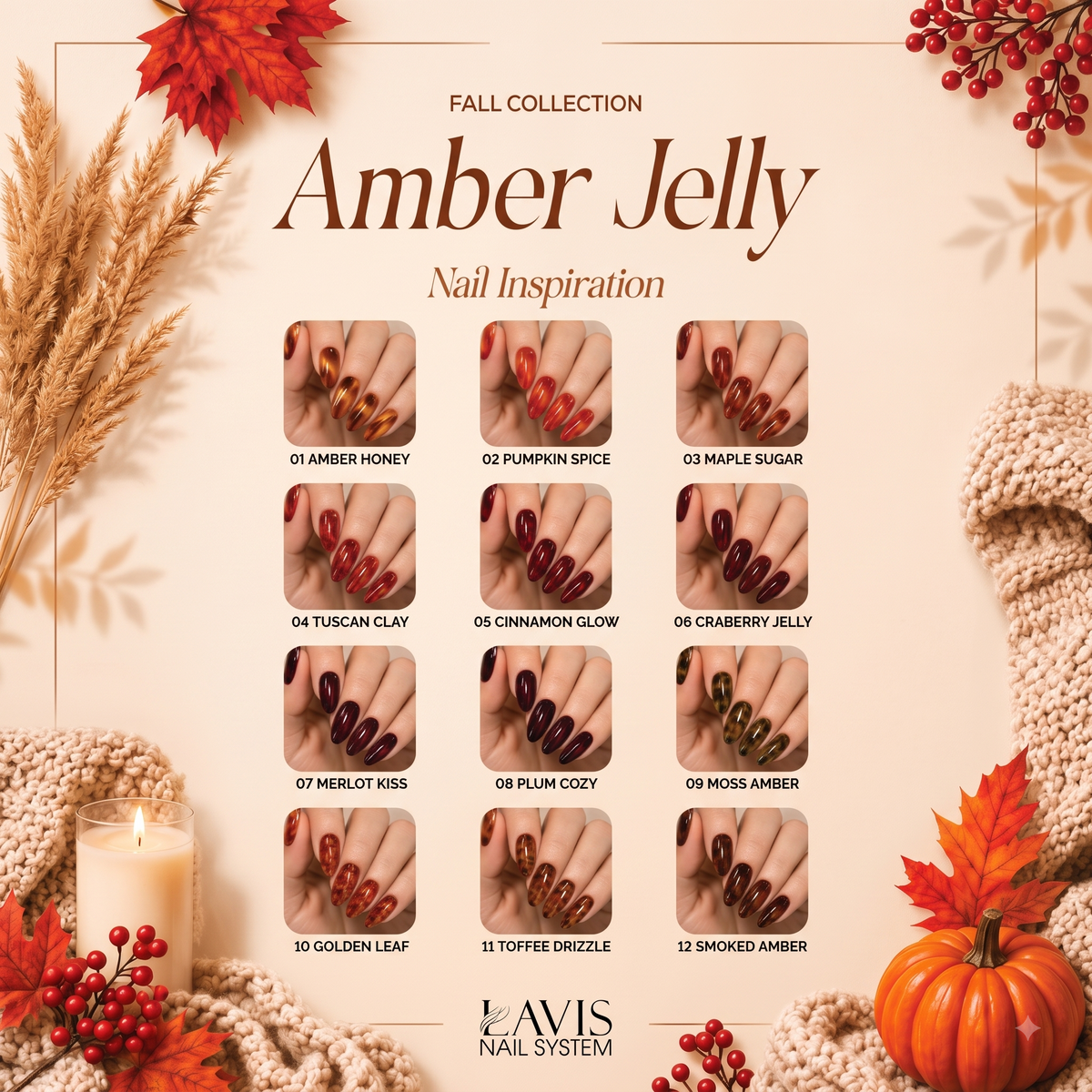 LAVIS Amber Jelly Gel Polish Set 12 Colors + FREE Sample Color Chart + FREE LAVIS Super Clear Cat Eye