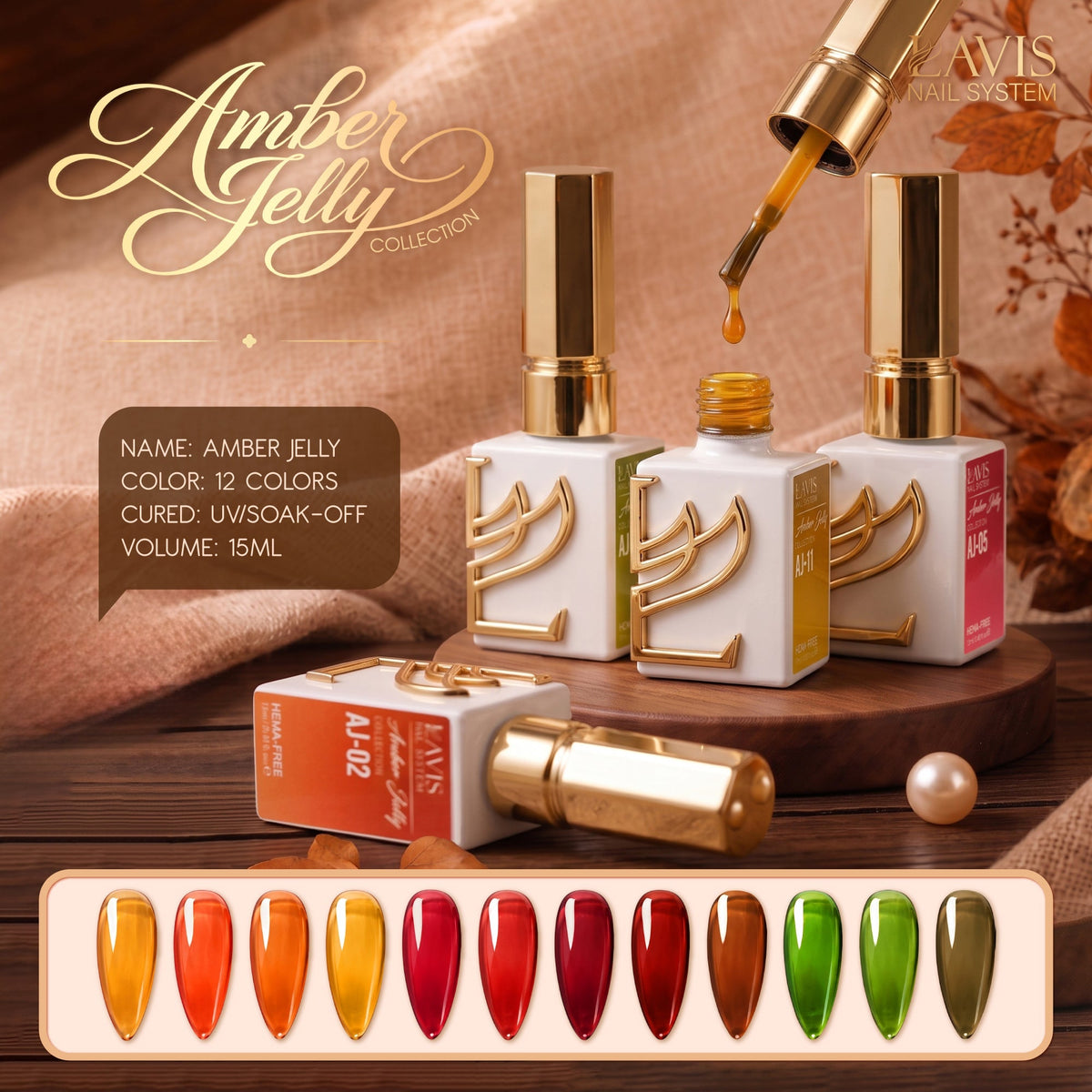 LAVIS Amber Jelly Gel Polish Set 12 Colors + FREE Sample Color Chart + FREE LAVIS Super Clear Cat Eye