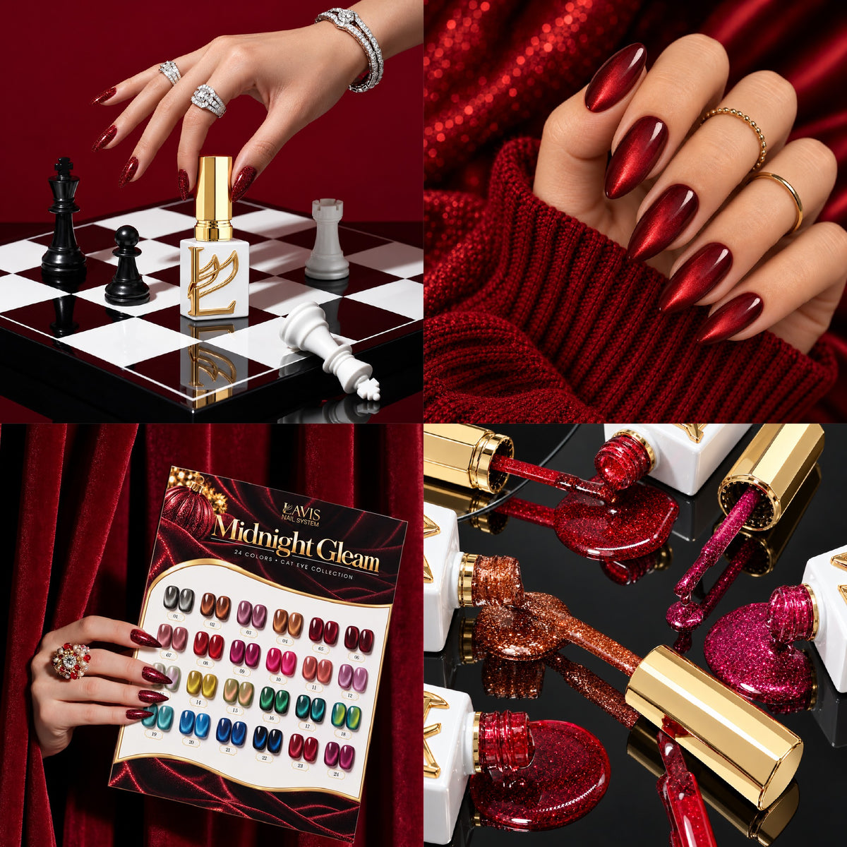 Lavis C18 Midnight Gleam Cat Eye Set, 24 Colors + FREE Sample Color Board + FREE LAVIS Aurora Chrome Powder Jar + FREE A'DOR Drip Gloss Base & Top Coat Set