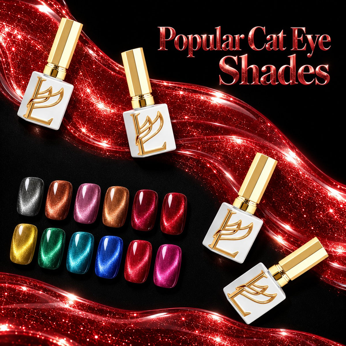 Lavis C18 Midnight Gleam Cat Eye Set, 24 Colors + FREE Sample Color Board + FREE LAVIS Aurora Chrome Powder Jar + FREE A'DOR Drip Gloss Base & Top Coat Set