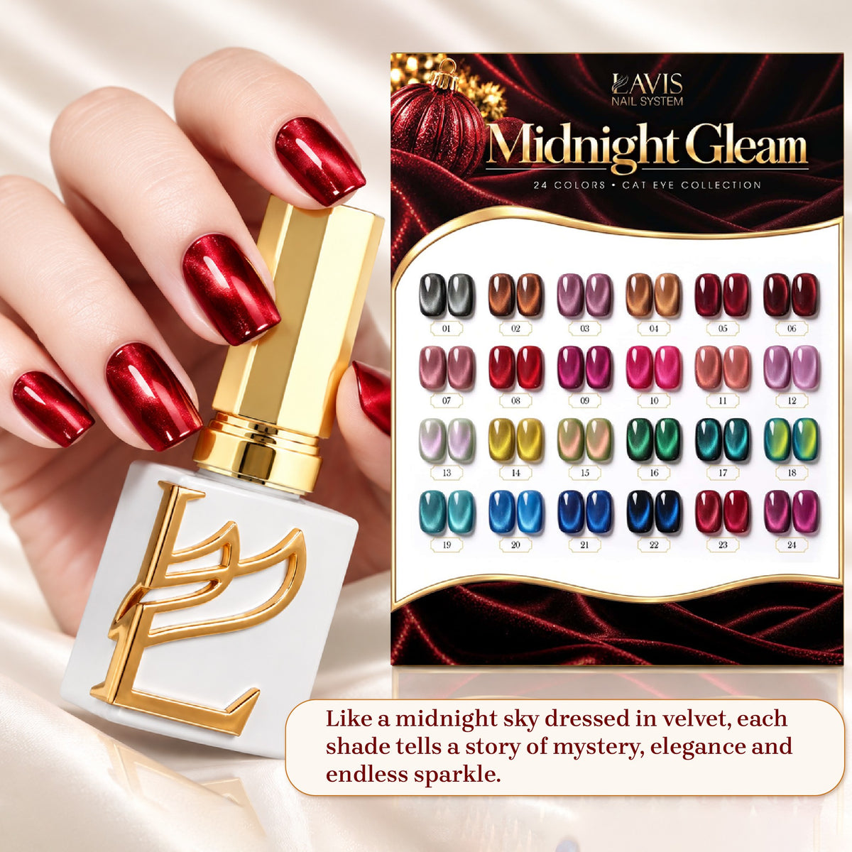 Lavis C18 Midnight Gleam Cat Eye Set, 24 Colors + FREE Sample Color Board + FREE LAVIS Aurora Chrome Powder Jar + FREE A'DOR Drip Gloss Base & Top Coat Set
