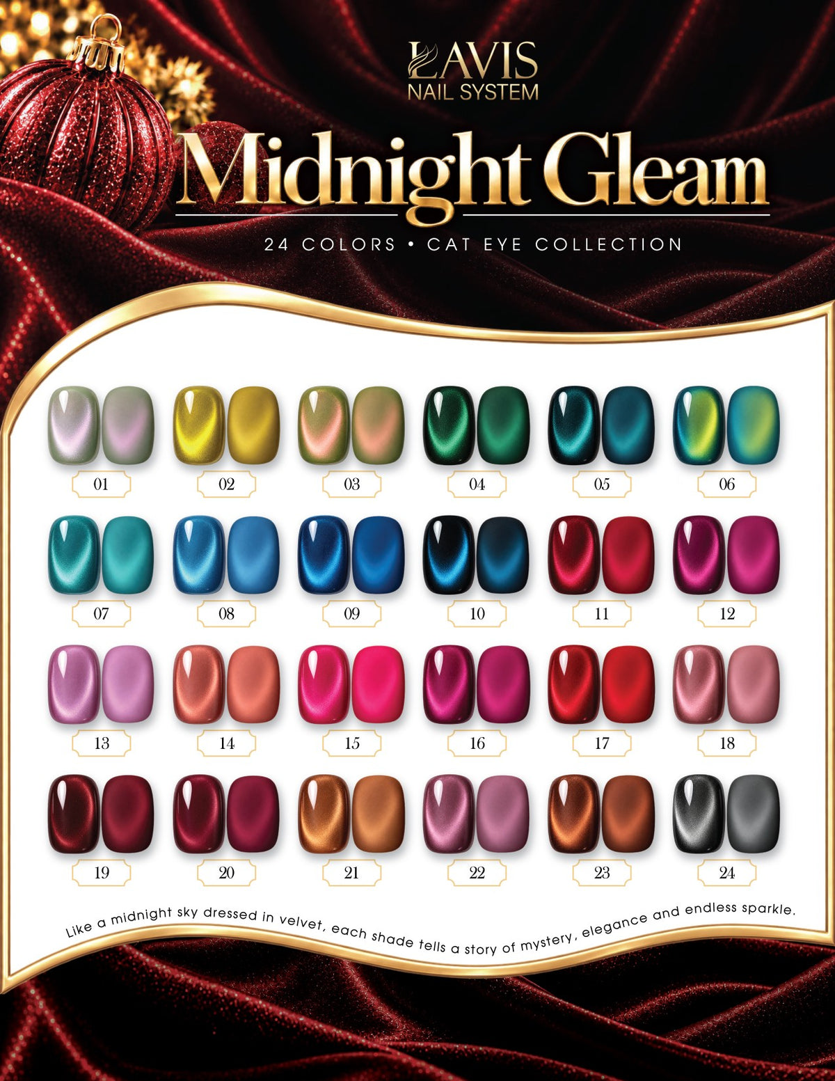Lavis C18 Midnight Gleam Cat Eye Set, 24 Colors + FREE Sample Color Board + FREE LAVIS Aurora Chrome Powder Jar + FREE A'DOR Drip Gloss Base & Top Coat Set