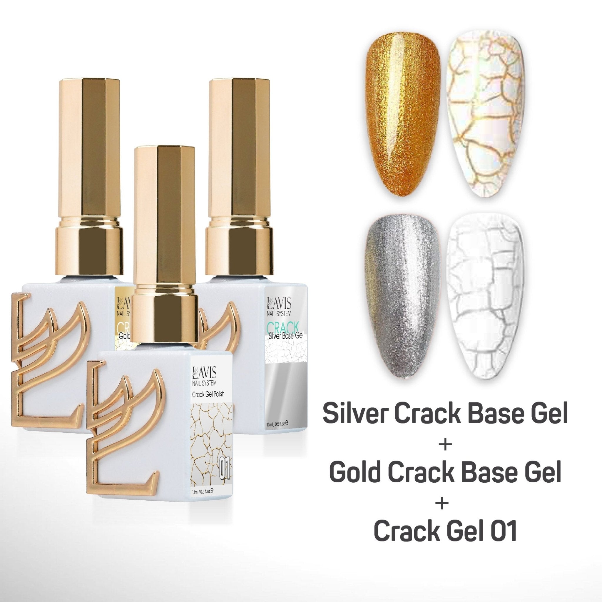 LAVIS Crack Gel 01 + Silver Crack Base Gel + Gold Crack Base Gel - 0.5 oz - DTK Nail Supply