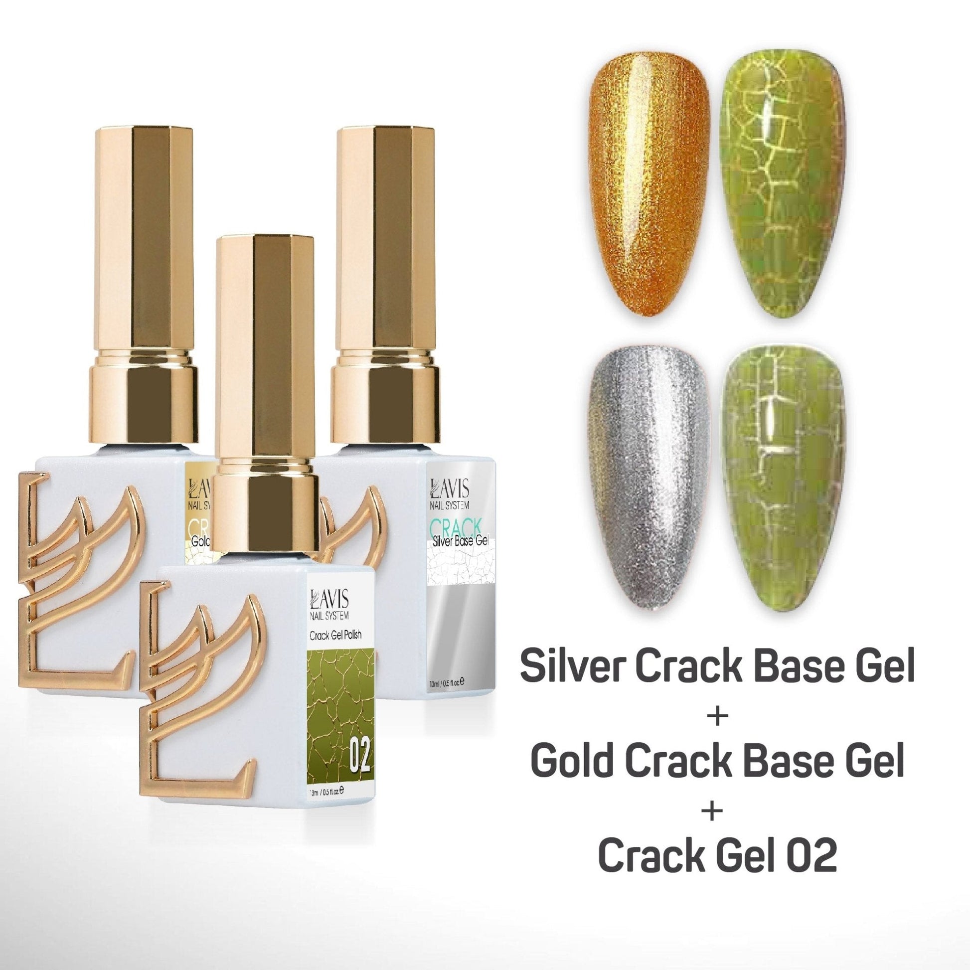 LAVIS Crack Gel 02 + Silver Crack Base Gel + Gold Crack Base Gel - 0.5 oz - DTK Nail Supply