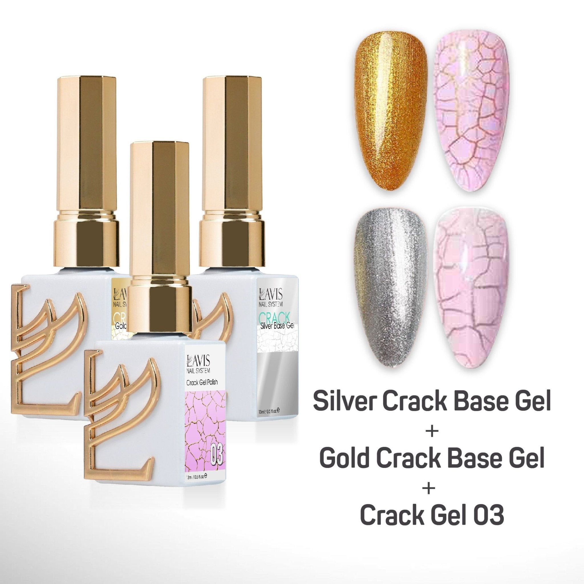 LAVIS Crack Gel 03 + Silver Crack Base Gel + Gold Crack Base Gel - 0.5 oz - DTK Nail Supply
