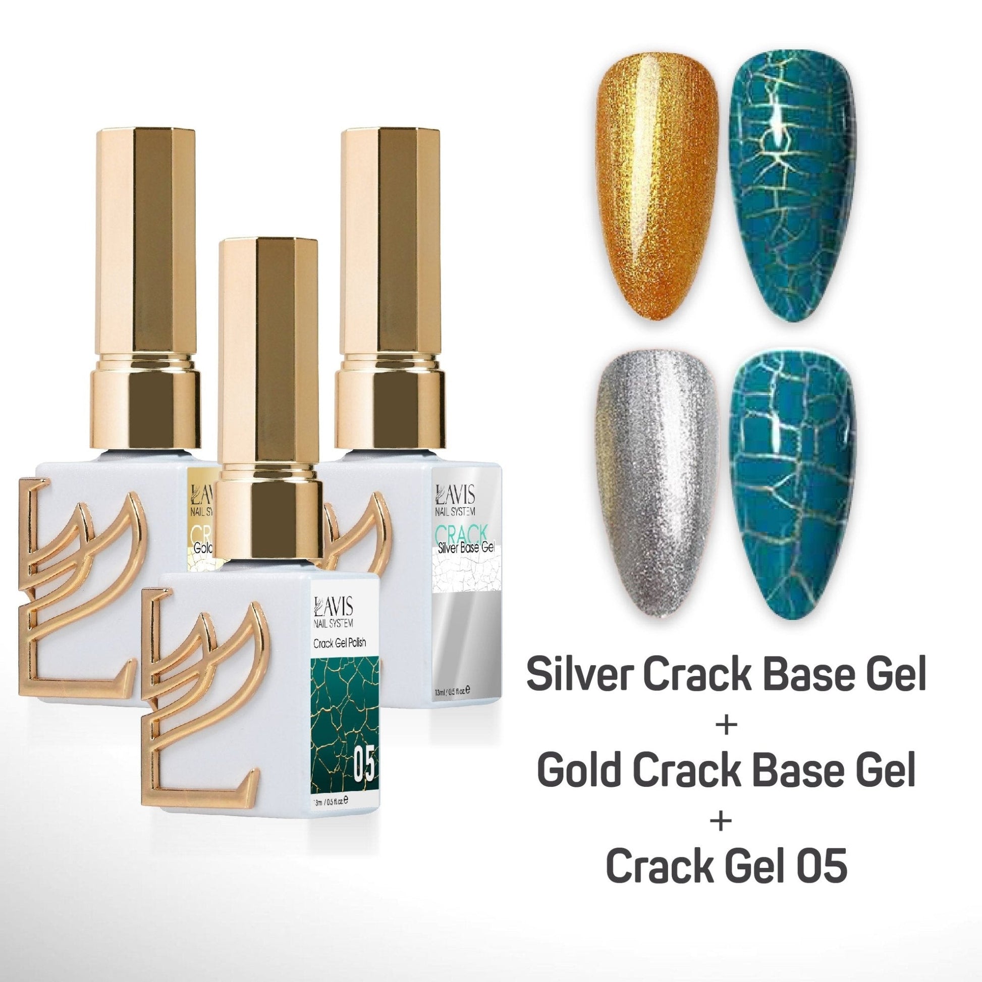 LAVIS Crack Gel 05 + Silver Crack Base Gel + Gold Crack Base Gel - 0.5 oz - DTK Nail Supply