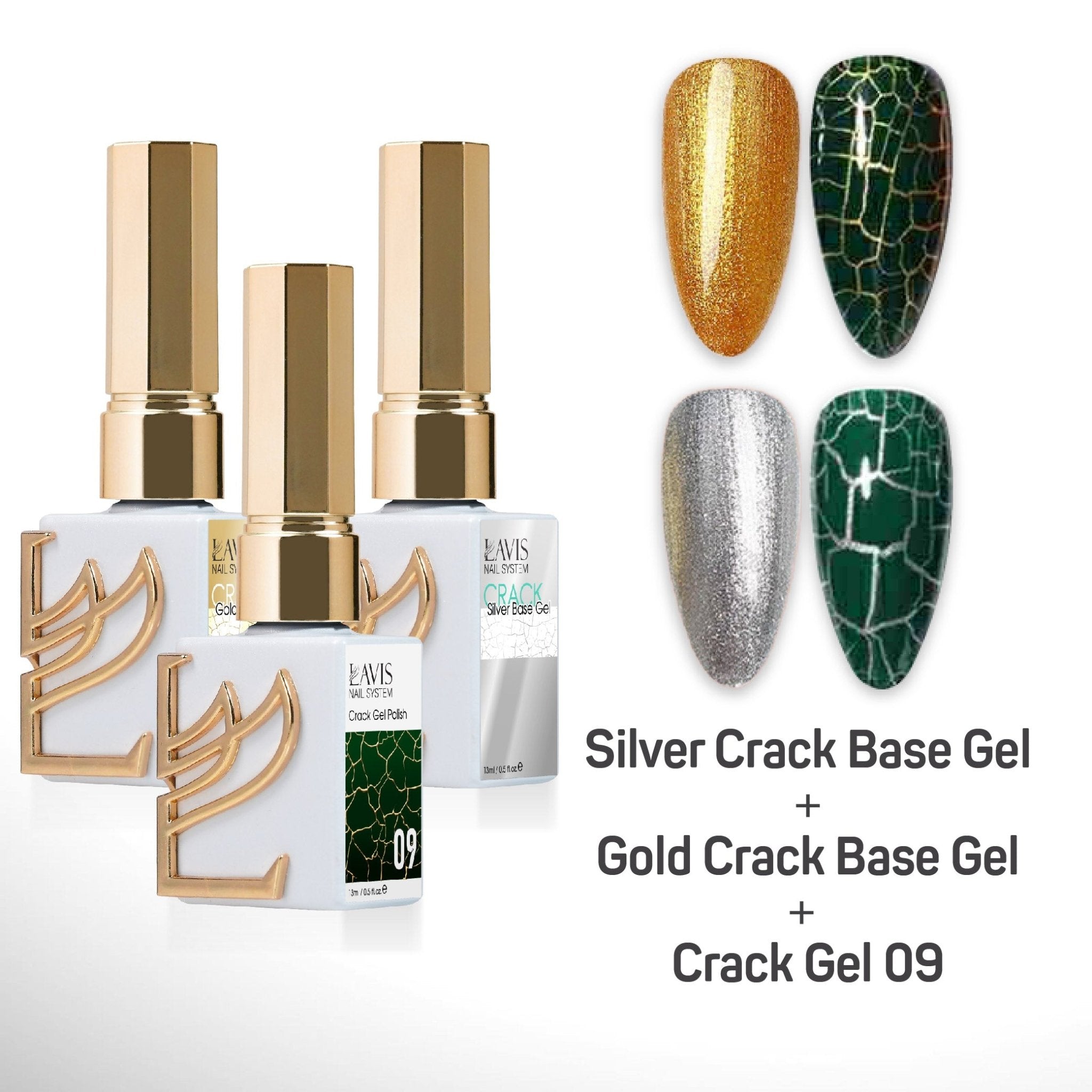 LAVIS Crack Gel 09 + Silver Crack Base Gel + Gold Crack Base Gel - 0.5 oz - DTK Nail Supply