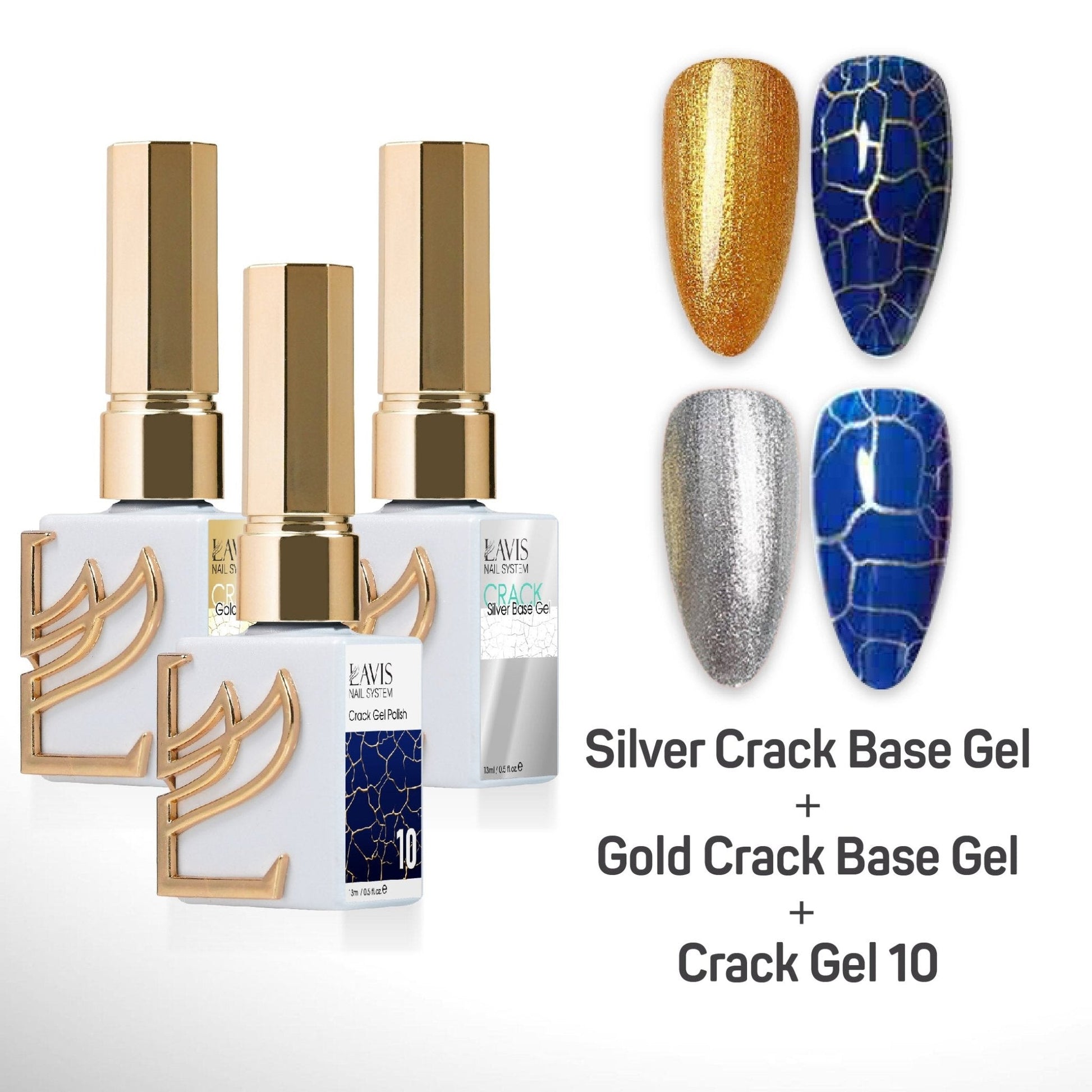 LAVIS Crack Gel 10 + Silver Crack Base Gel + Gold Crack Base Gel - 0.5 oz - DTK Nail Supply