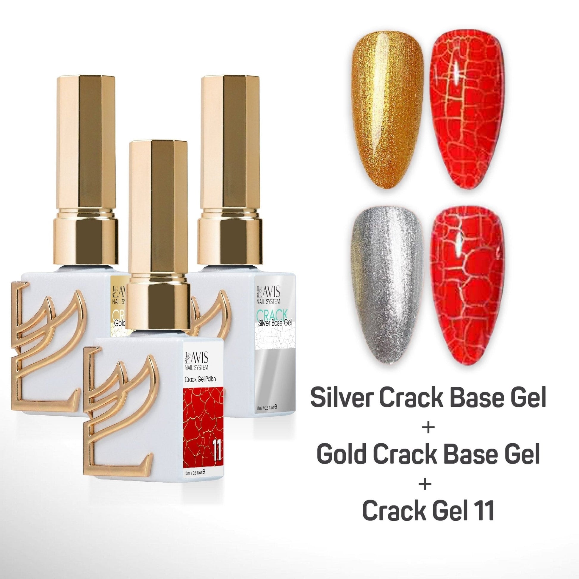 LAVIS Crack Gel 11 + Silver Crack Base Gel + Gold Crack Base Gel - 0.5 oz - DTK Nail Supply