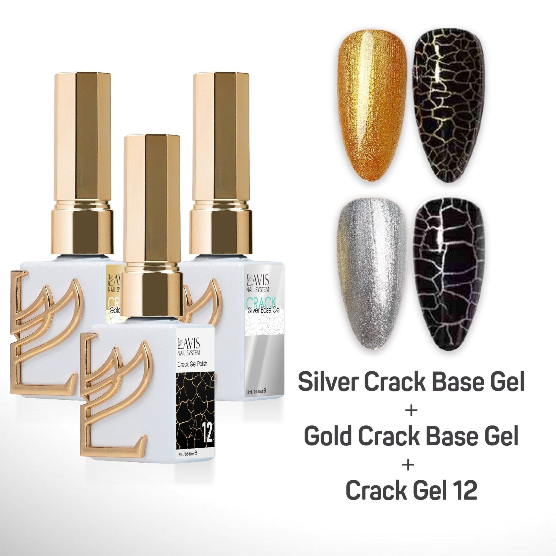 LAVIS Crack Gel 12 + Silver Crack Base Gel + Gold Crack Base Gel - 0.5 oz - DTK Nail Supply