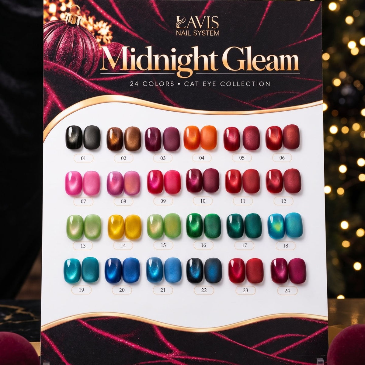 LAVIS Midnight Gleam Cat Eye Set 24 Colors + FREE Sample Color Board + FREE LAVIS Aurora Chrome Powder Jar + FREE A'DOR Drip Gloss Base & Top Coat Set